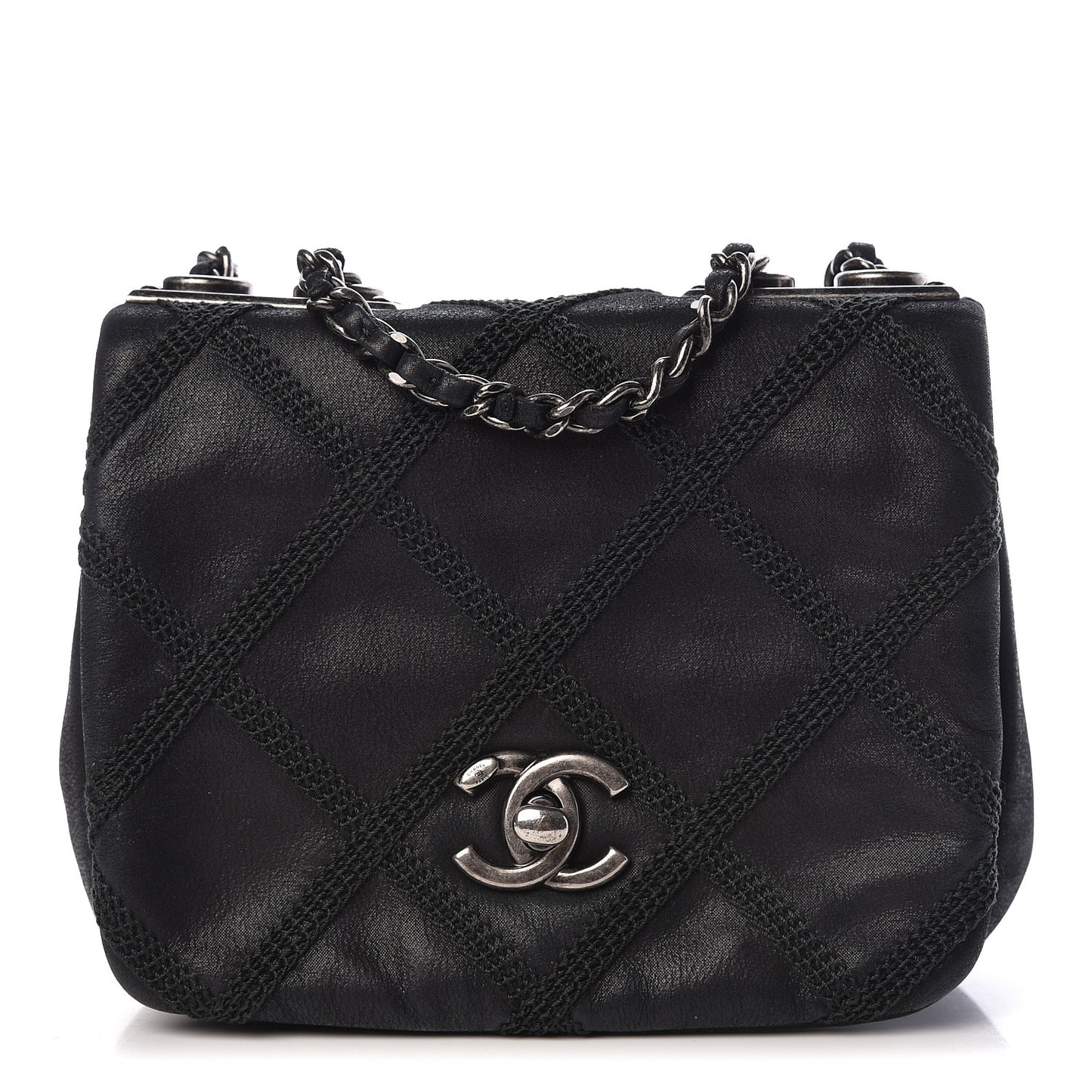 Iridescent Calfskin Diamond Embroidered Mini Flap Black