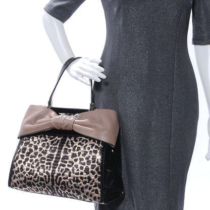 Valentino Garavani Patent Raffia Leopard Print Medium Aphrodite Bow Satchel Black 2 of 7