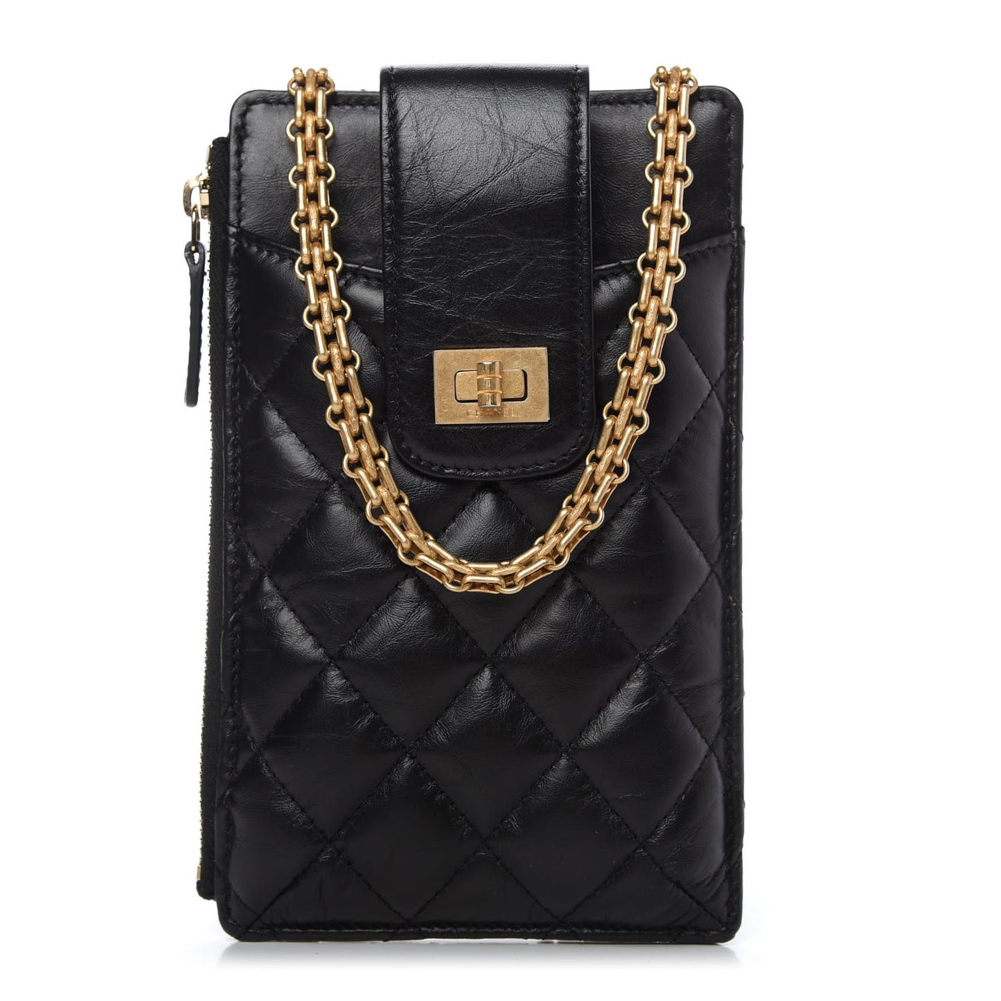 Aged Calfskin Quilted 2.55 Reissue Phone Holder With Chain Black