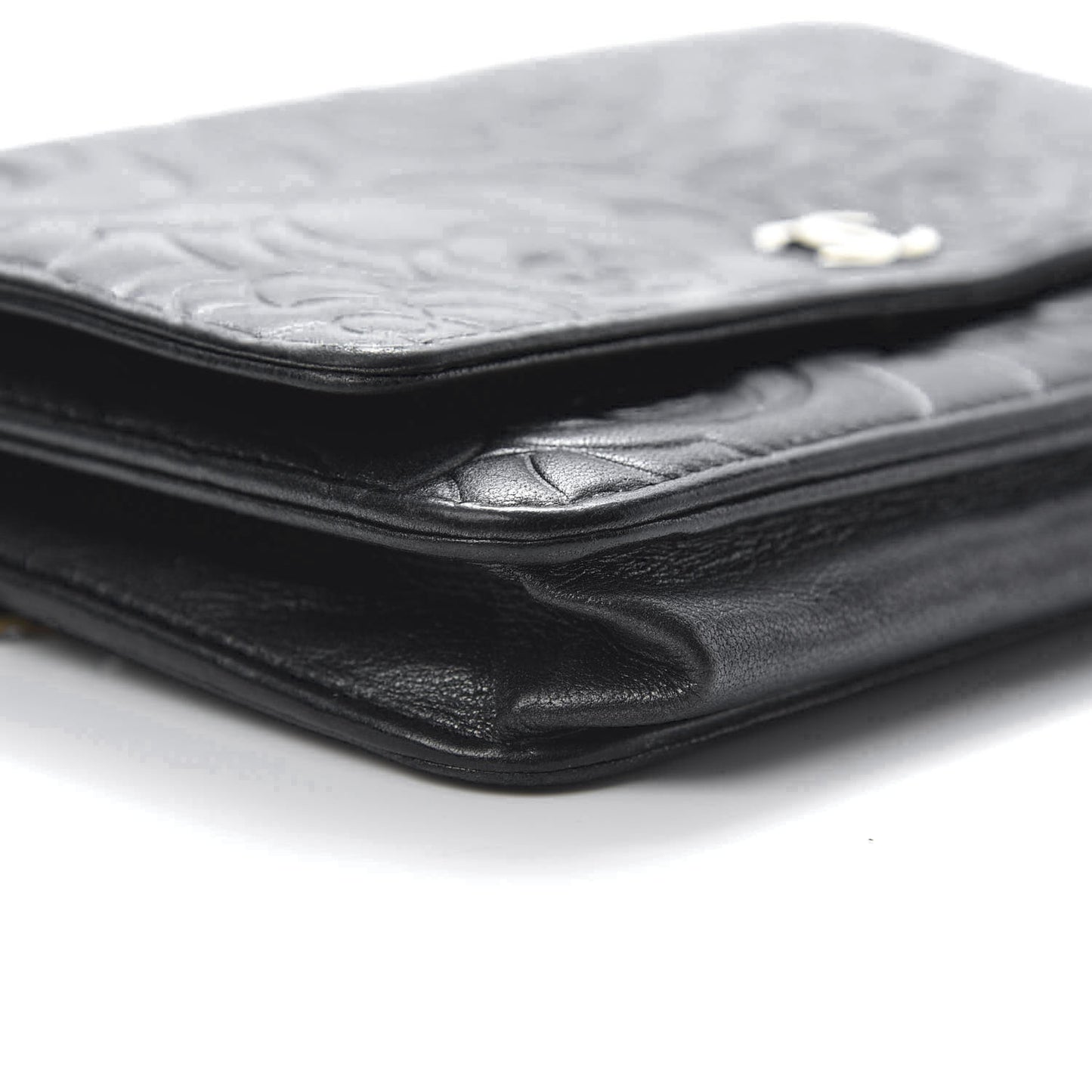 Lambskin Camellia Embossed Wallet on Chain WOC Black