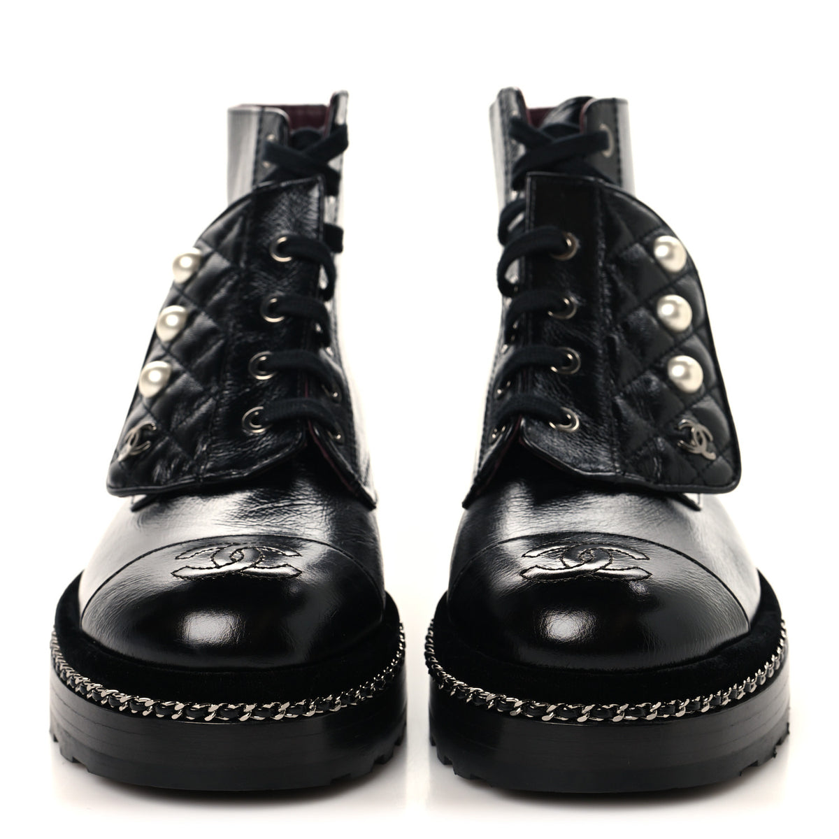 Chanel Crackled Calfskin Velvet Pearl Combat Short Boots 36 Black 3 of 9