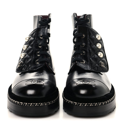 Chanel Crackled Calfskin Velvet Pearl Combat Short Boots 36 Black 3 of 9