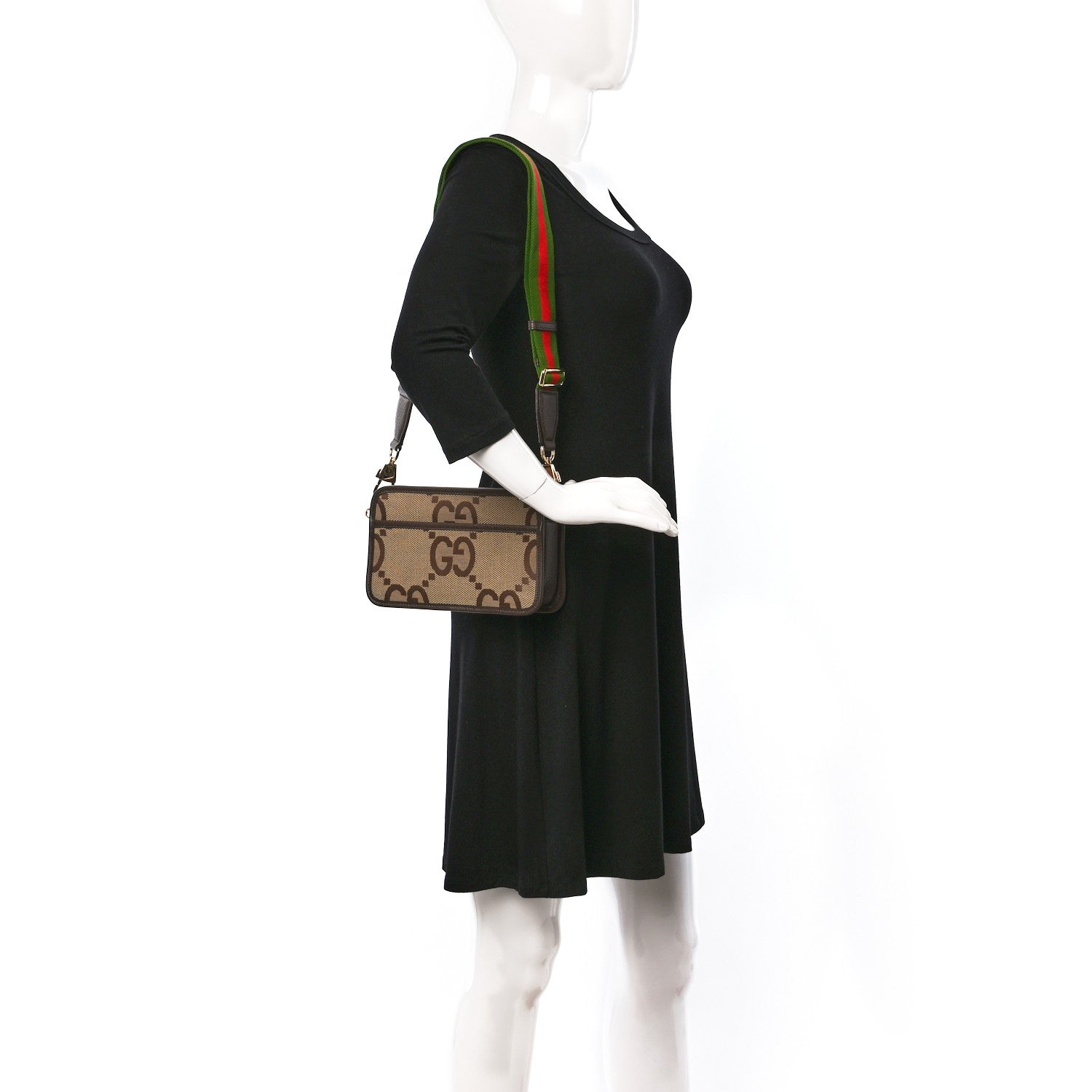 Gucci Monogram Jumbo GG Textured Dollar Calfskin Web Mini Crossbody Bag Camel Ebony New Acero 2 of 11