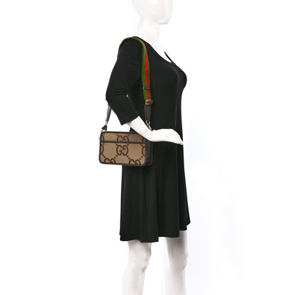 Gucci Monogram Jumbo GG Textured Dollar Calfskin Web Mini Crossbody Bag Camel Ebony New Acero 2 of 11