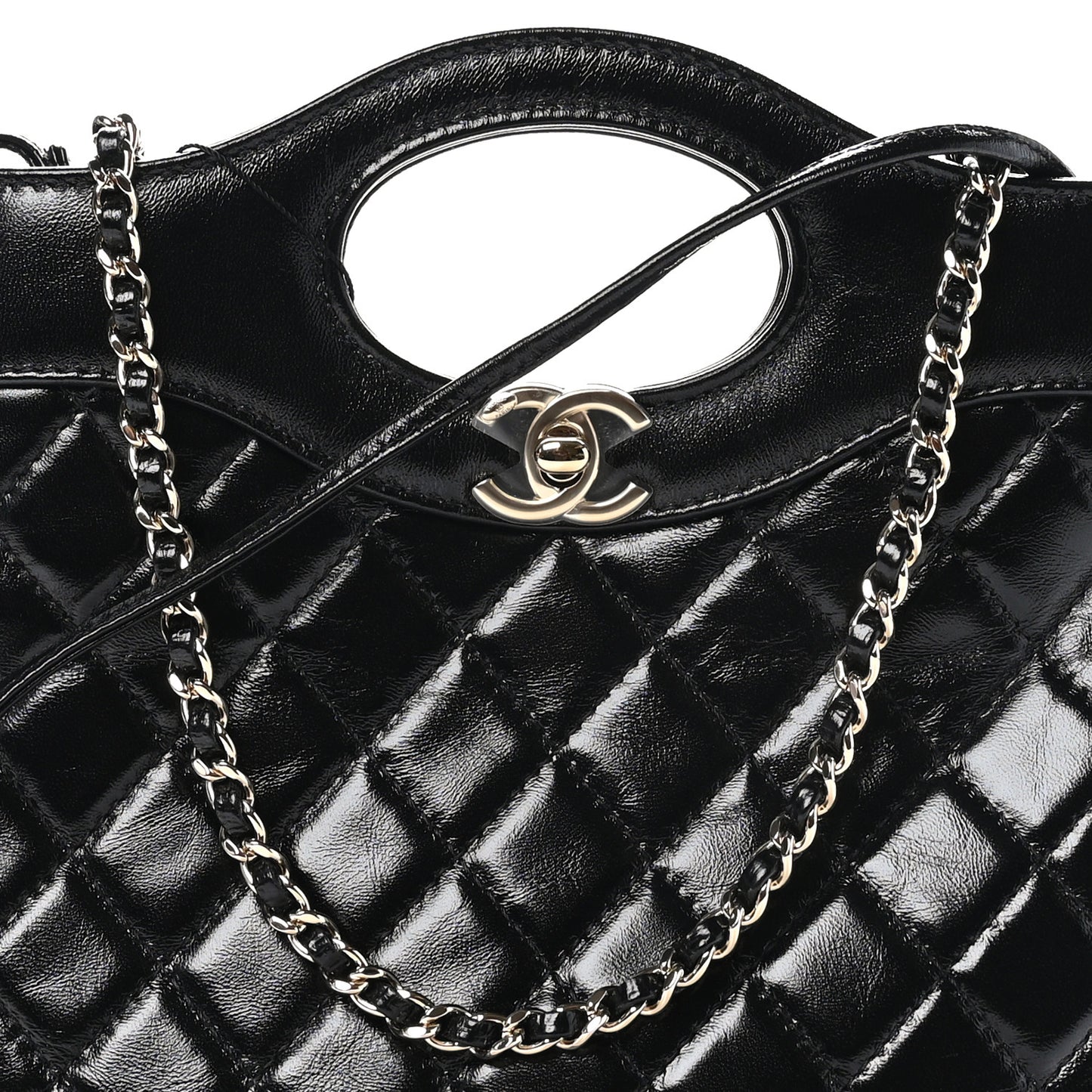 Shiny Crumpled Calfskin Quilted Mini 31 Shopping Bag Black