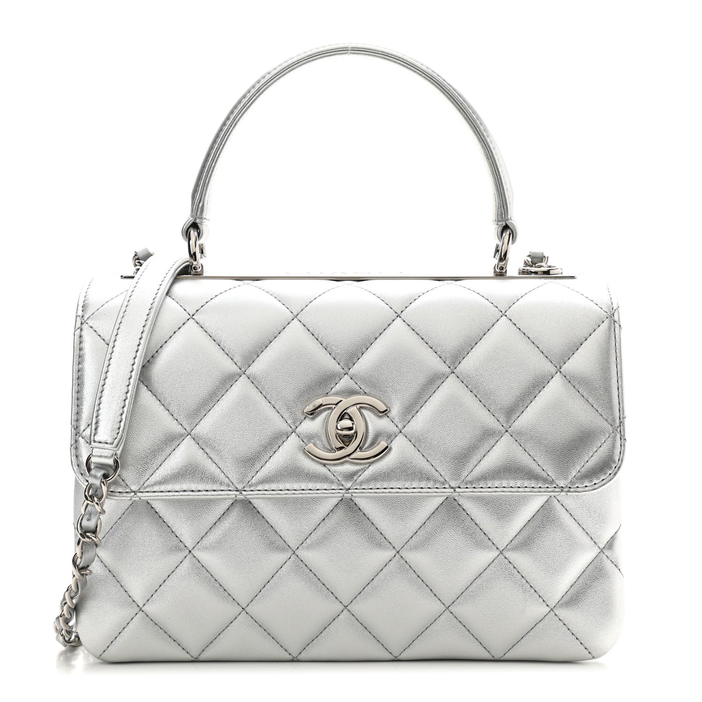 Metallic Lambskin Quilted Small Trendy CC Flap Dual Handle Bag Silver