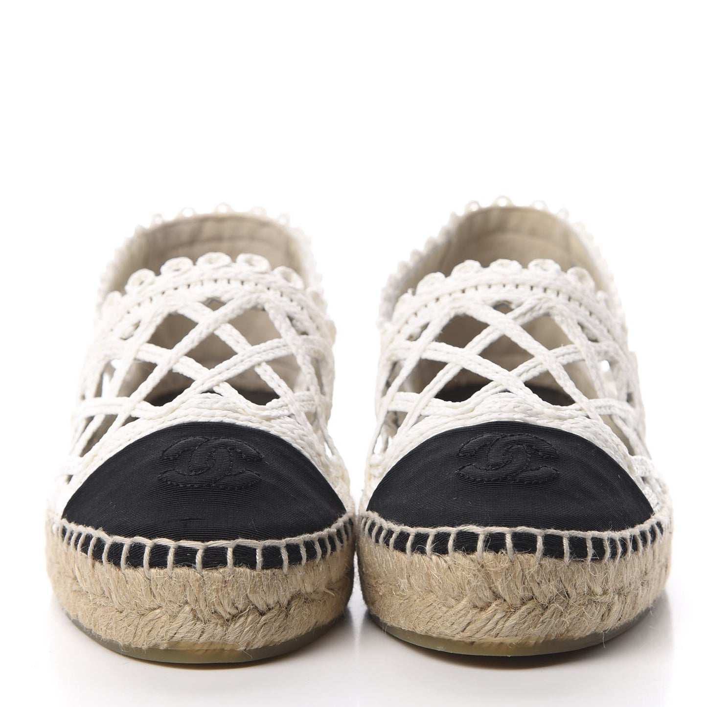 Woven Fabric Grosgrain CC Espadrilles 38 White Black
