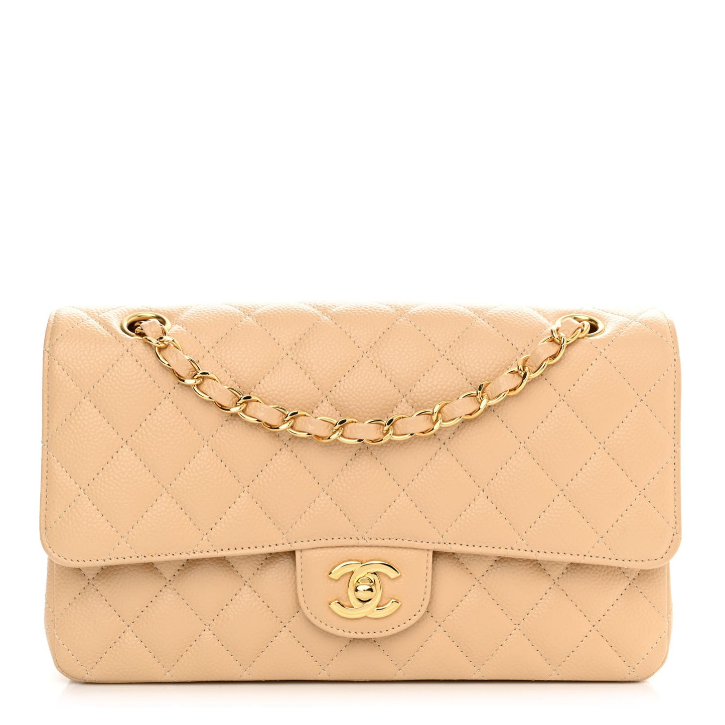 Caviar Quilted Medium Double Flap Beige