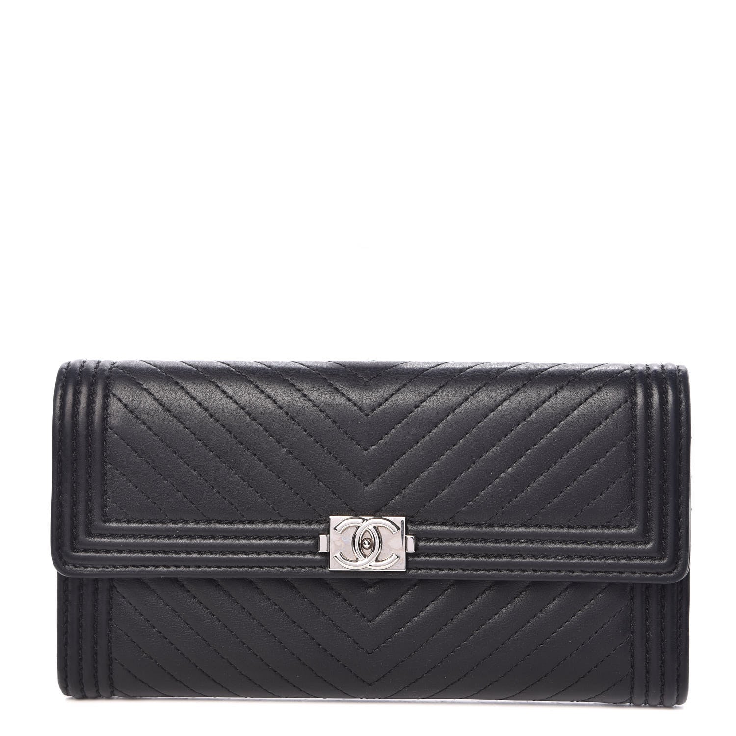 Chanel Calfskin Chevron Quilted Boy Flap Wallet Black 1 of 12