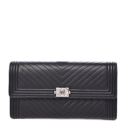 Chanel Calfskin Chevron Quilted Boy Flap Wallet Black 1 of 12
