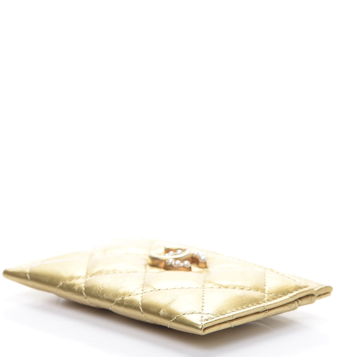 Aged Metallic Calfskin Pearl CC Quilted Card Holder Gold