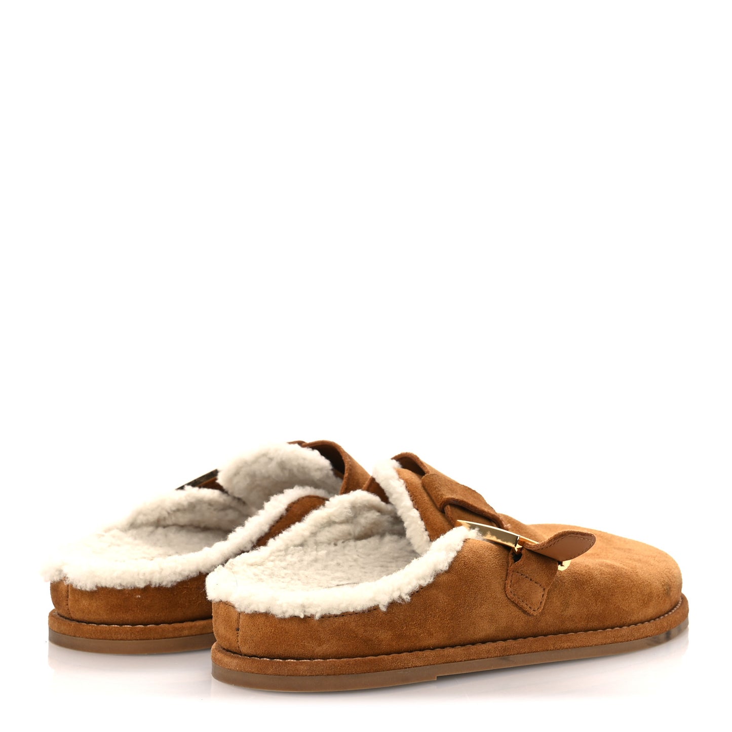 Suede Shearling Fendi Feel Buckled Clogs 37 Caramel Latte