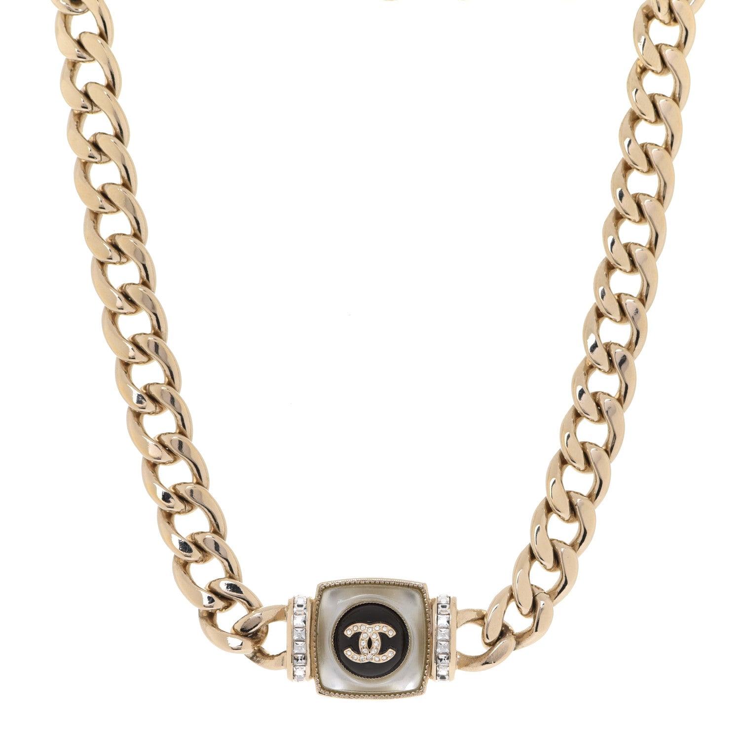Chanel Metal Glass Pearl Strass CC Pendant Necklace Black Gold 1 of 7