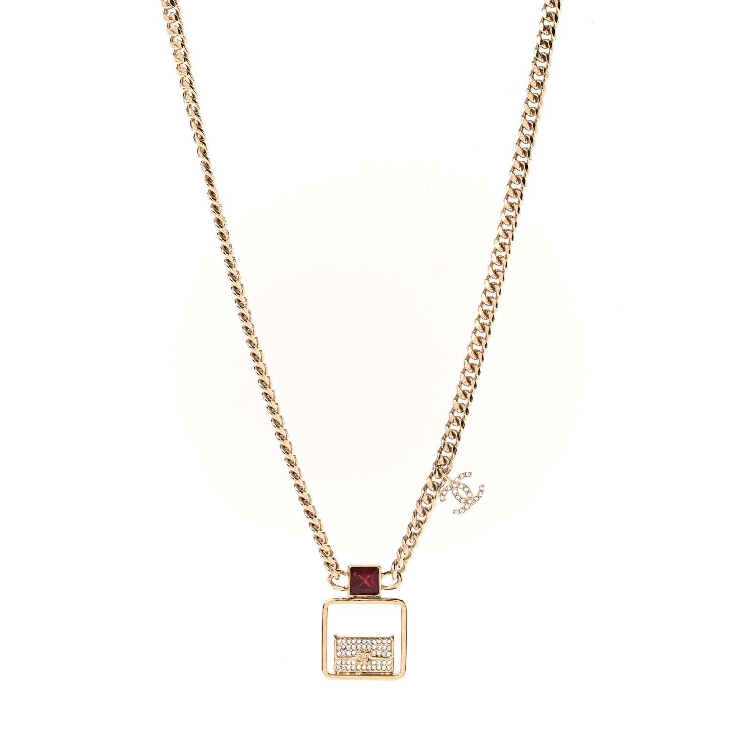 Chanel Metal Crystal Quilted Flap Bag Necklace Red Gold 1 of 7