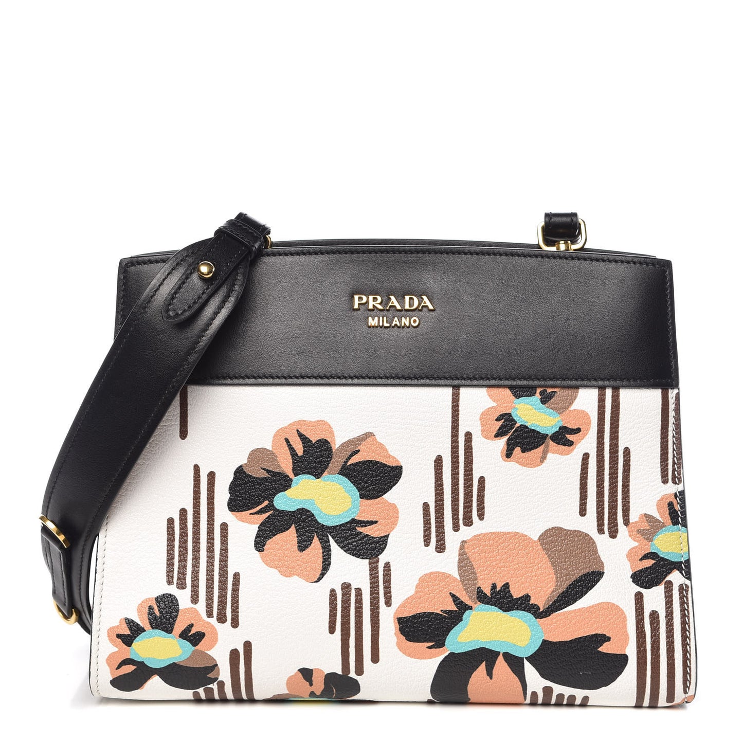 Goatskin Floral Print Bibliotheque Shoulder Bag White Black