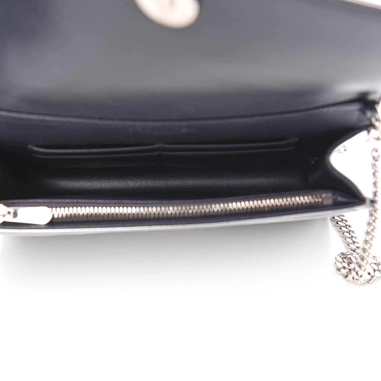 Metallic Patent Micro-Cannage Diorama Wallet on Chain Pouch Silver