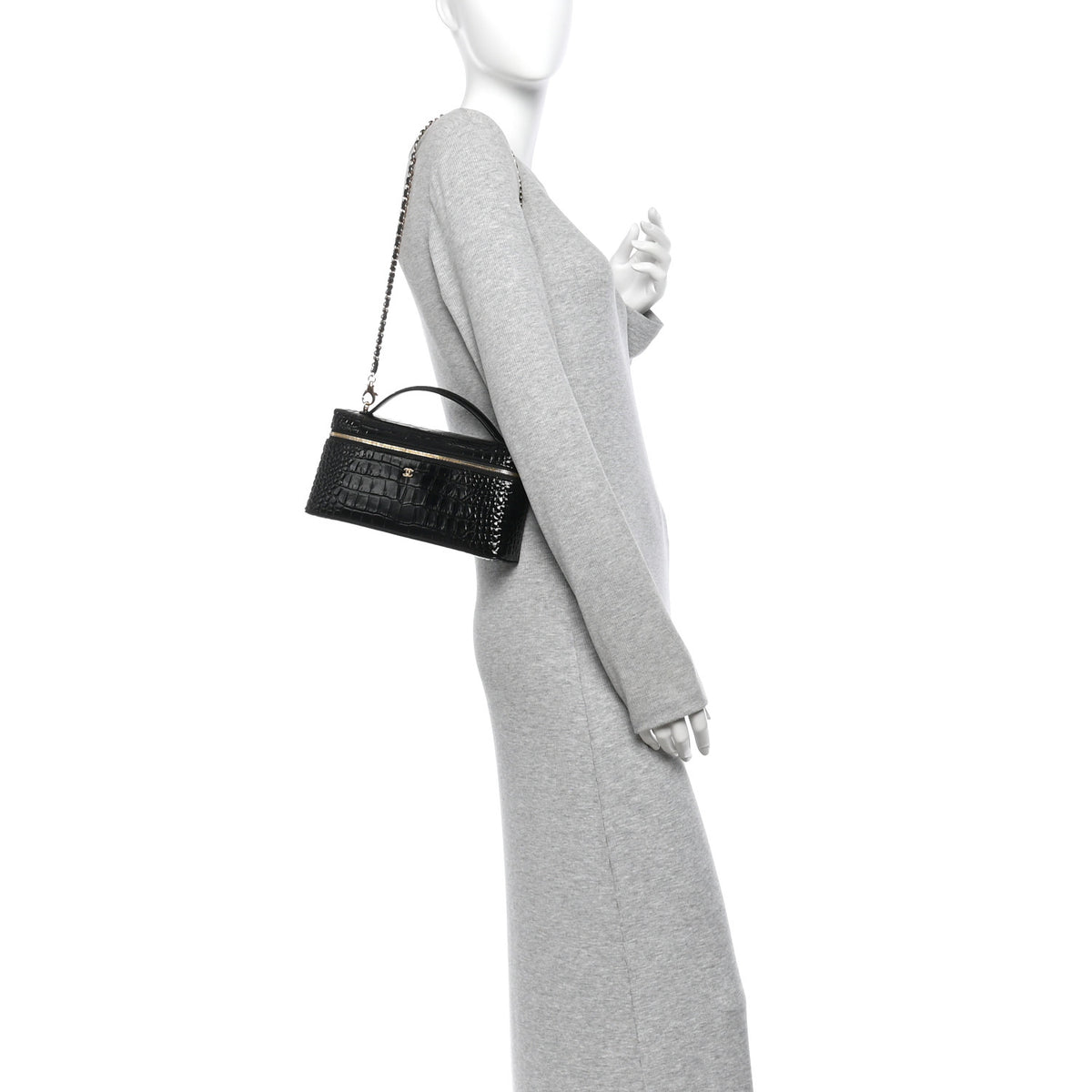 Calfskin Crocodile Embossed Crococo Top Handle East West Vanity Case With Chain Black