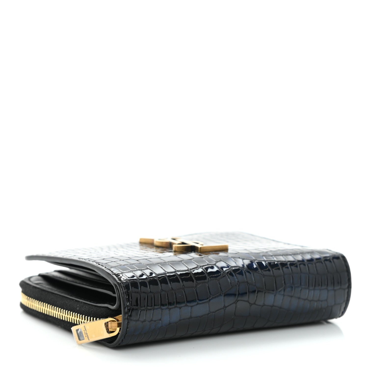 Saint Laurent Calfskin Crocodile Embossed Monogram Compact Wallet Blue Black 4 of 11