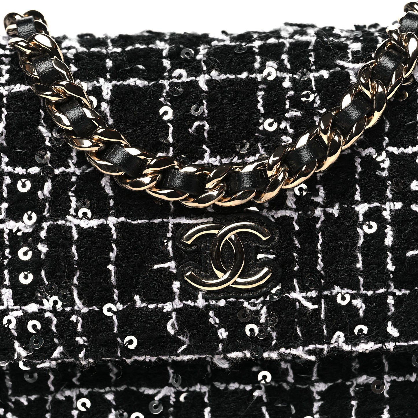 Tweed Sequin Quilted CC Flap Phone Holder With Chain Black White