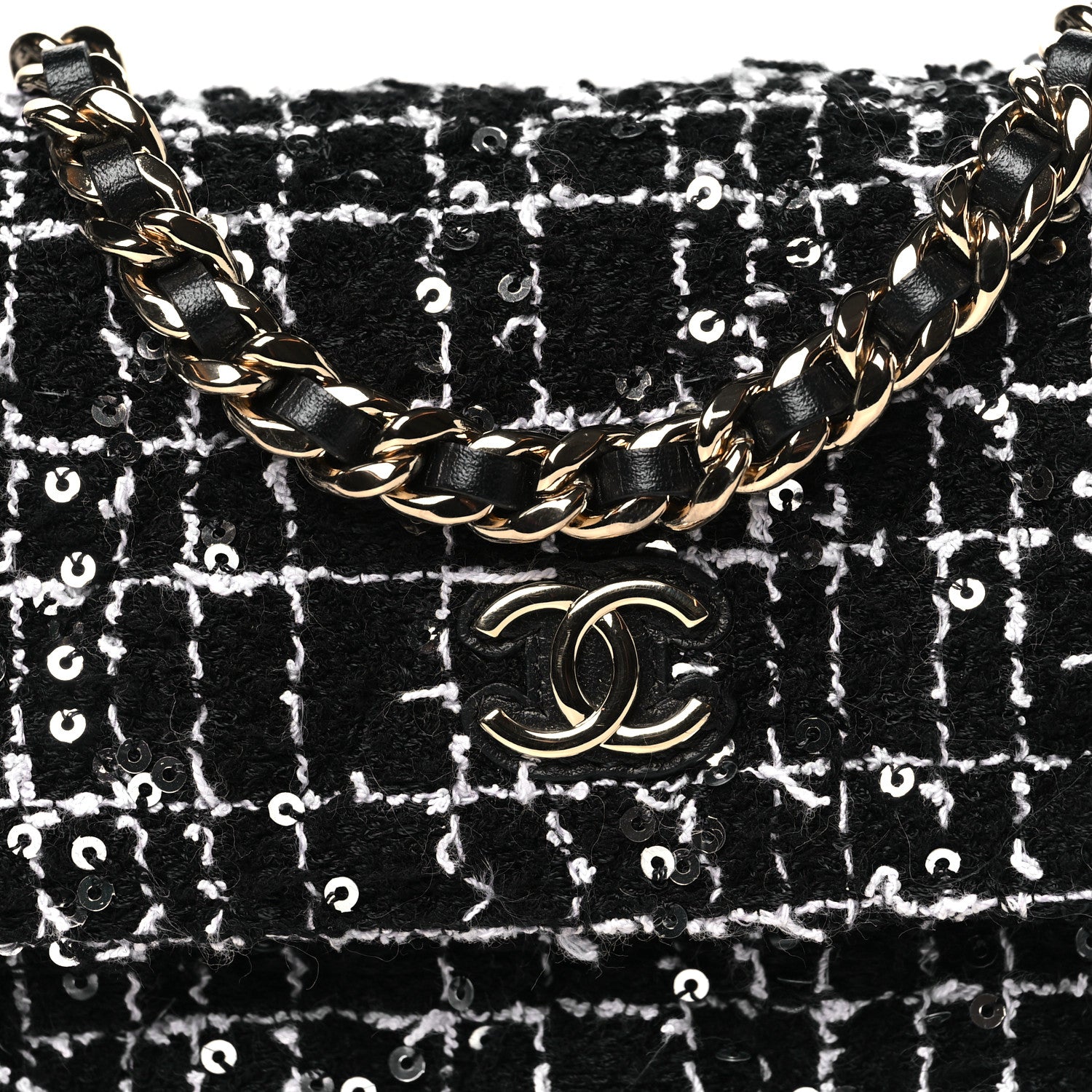 Chanel Tweed Sequin Quilted CC Flap Phone Holder With Chain Black White 9 of 11