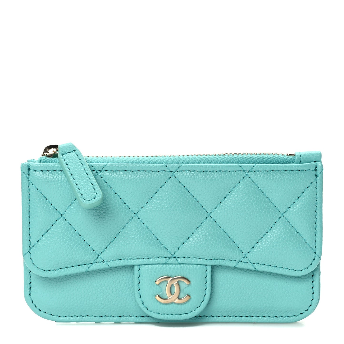 Caviar Quilted Flap Zip Card Holder Turquoise