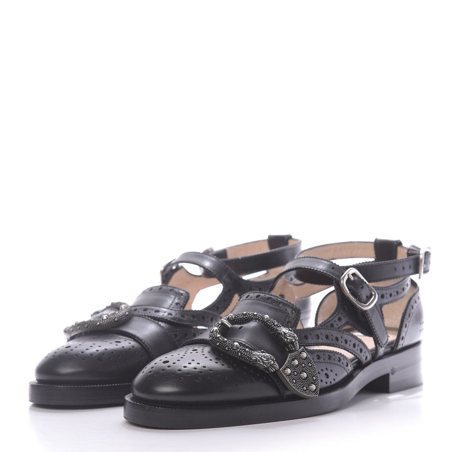 Calfskin Bee Embroidered Womens Queercore Brogue Wingtip Monk Strap Loafers 37.5 Black