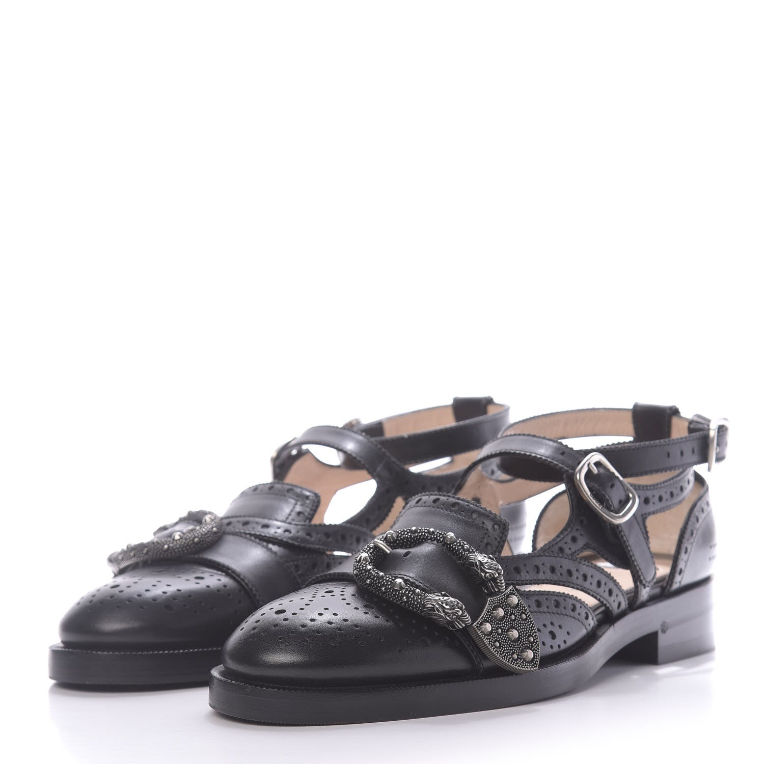 Gucci Calfskin Bee Embroidered Womens Queercore Brogue Wingtip Monk Strap Loafers 37.5 Black 3 of 10