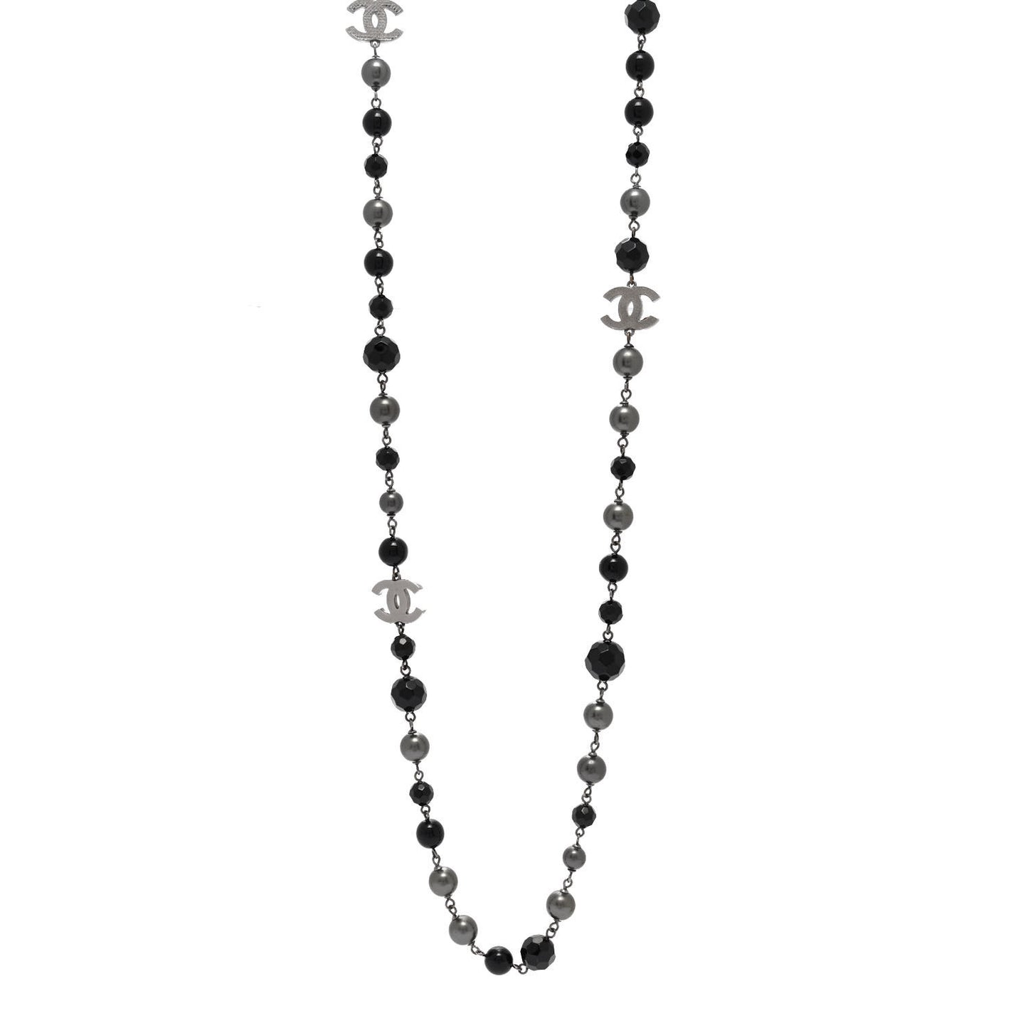 Ruthenium Pearl Beaded CC Long Necklace Black