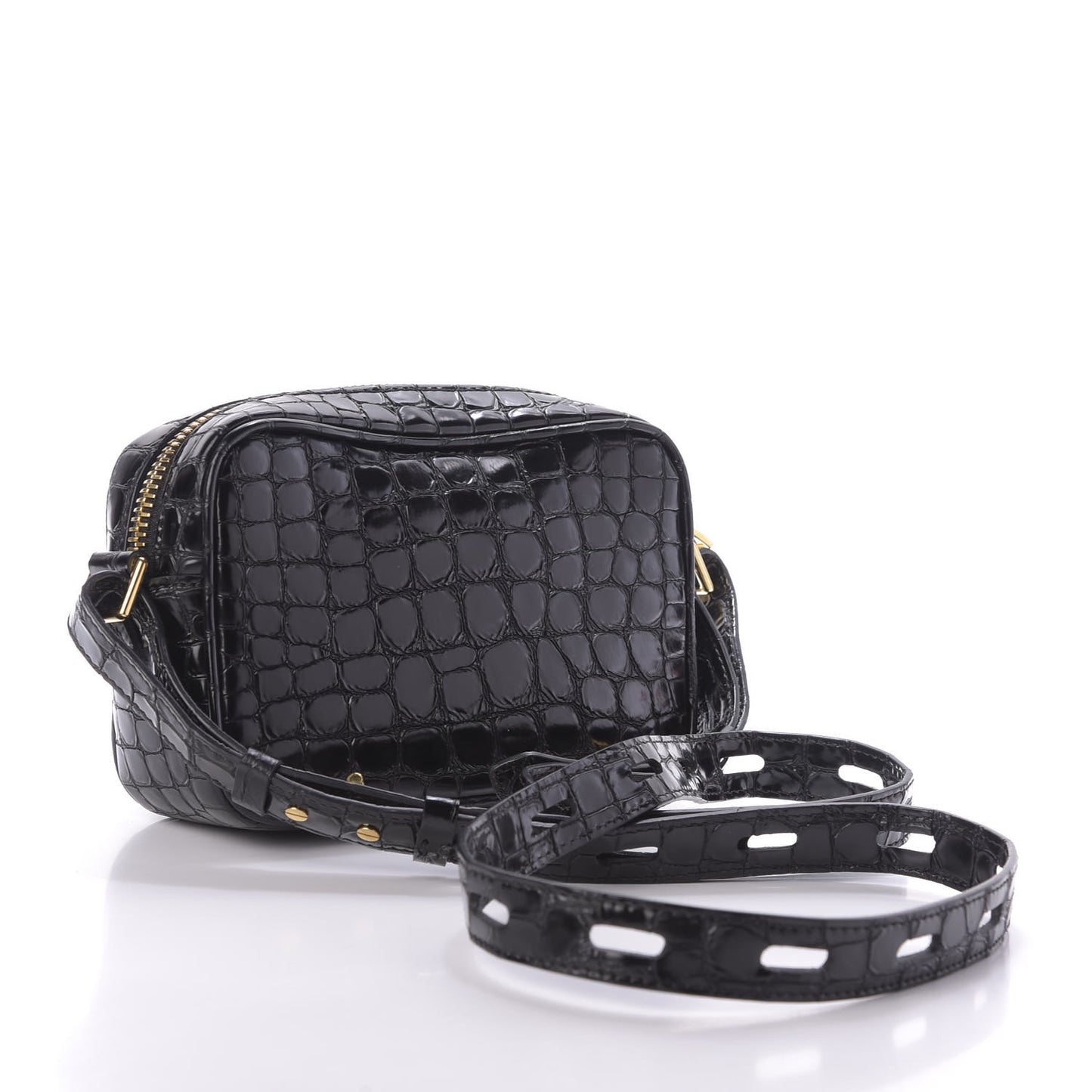 Crocodile Embossed Calfskin T Twist Camera Bag Black