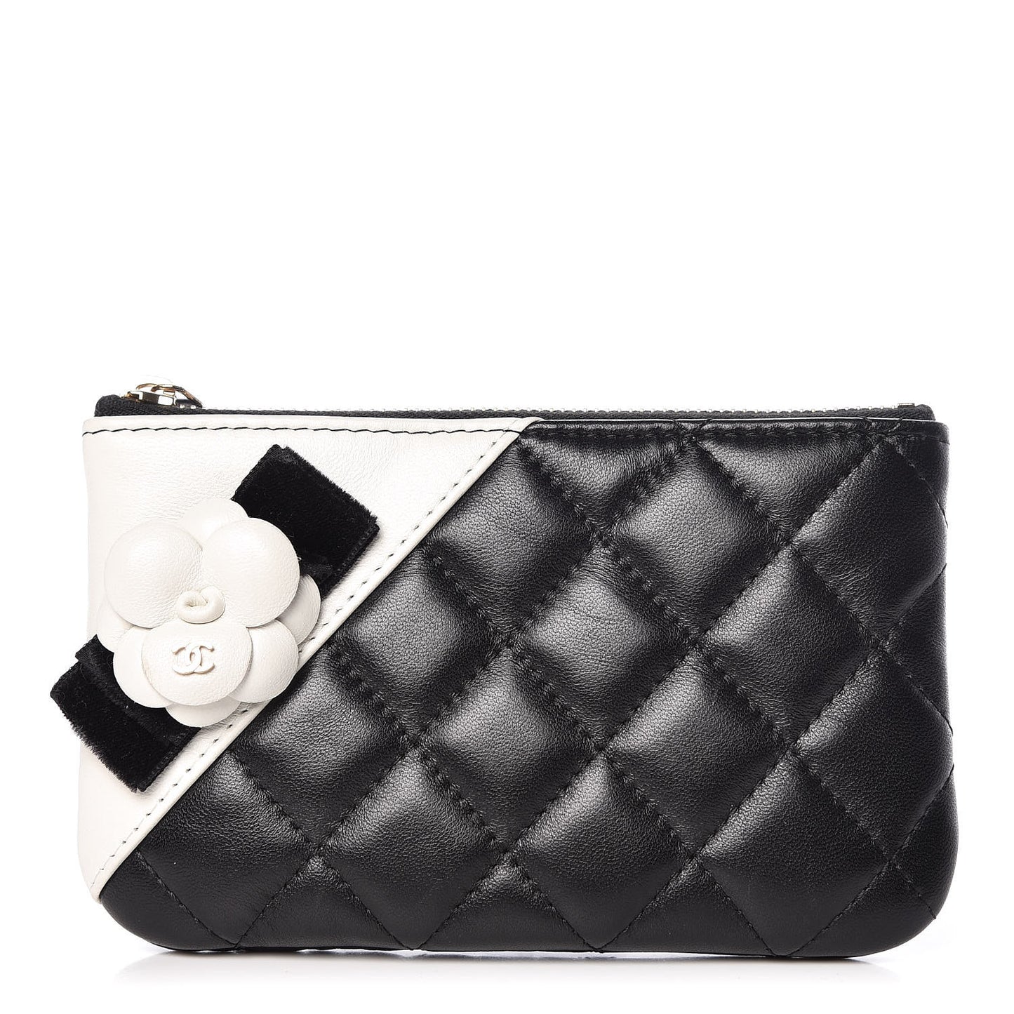 Lambskin Quilted Small Camellia Cosmetic Pouch Black White