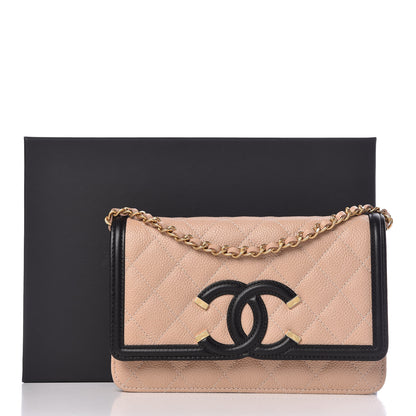 Chanel Caviar Quilted CC Filigree Wallet On Chain WOC Beige Black 11 of 11