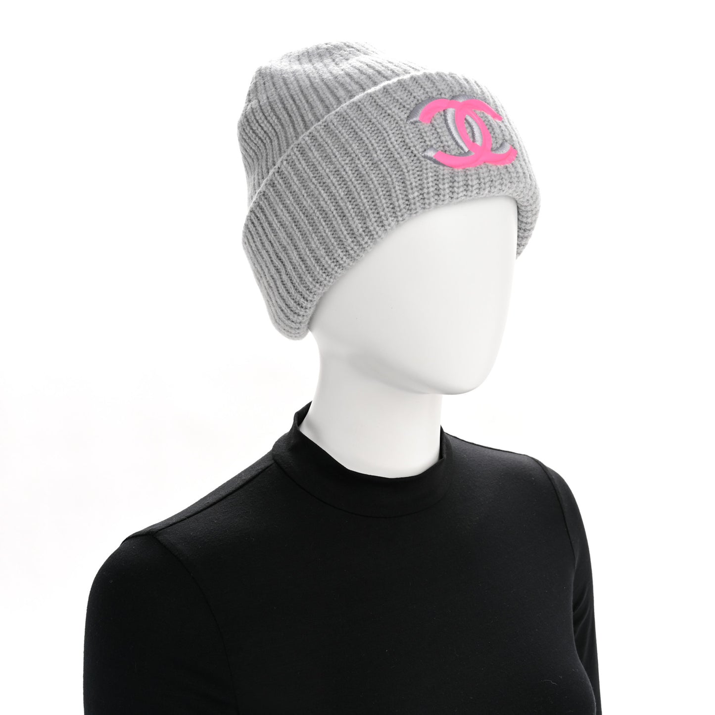 Wool Cashmere CC Beanie Hat Light Grey Fuchsia