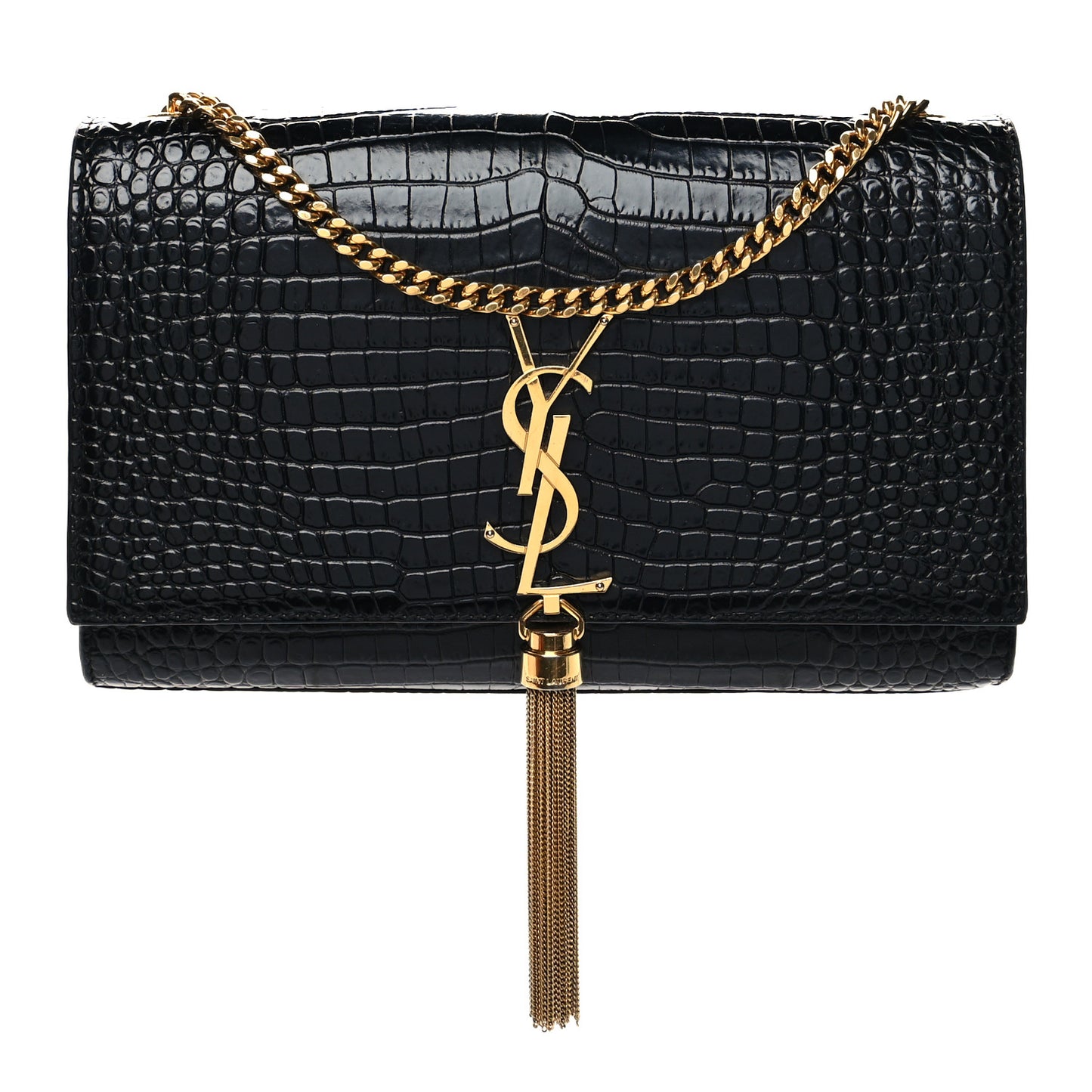 Calfskin Crocodile Embossed Medium Classic Monogram Kate Tassel Satchel Black