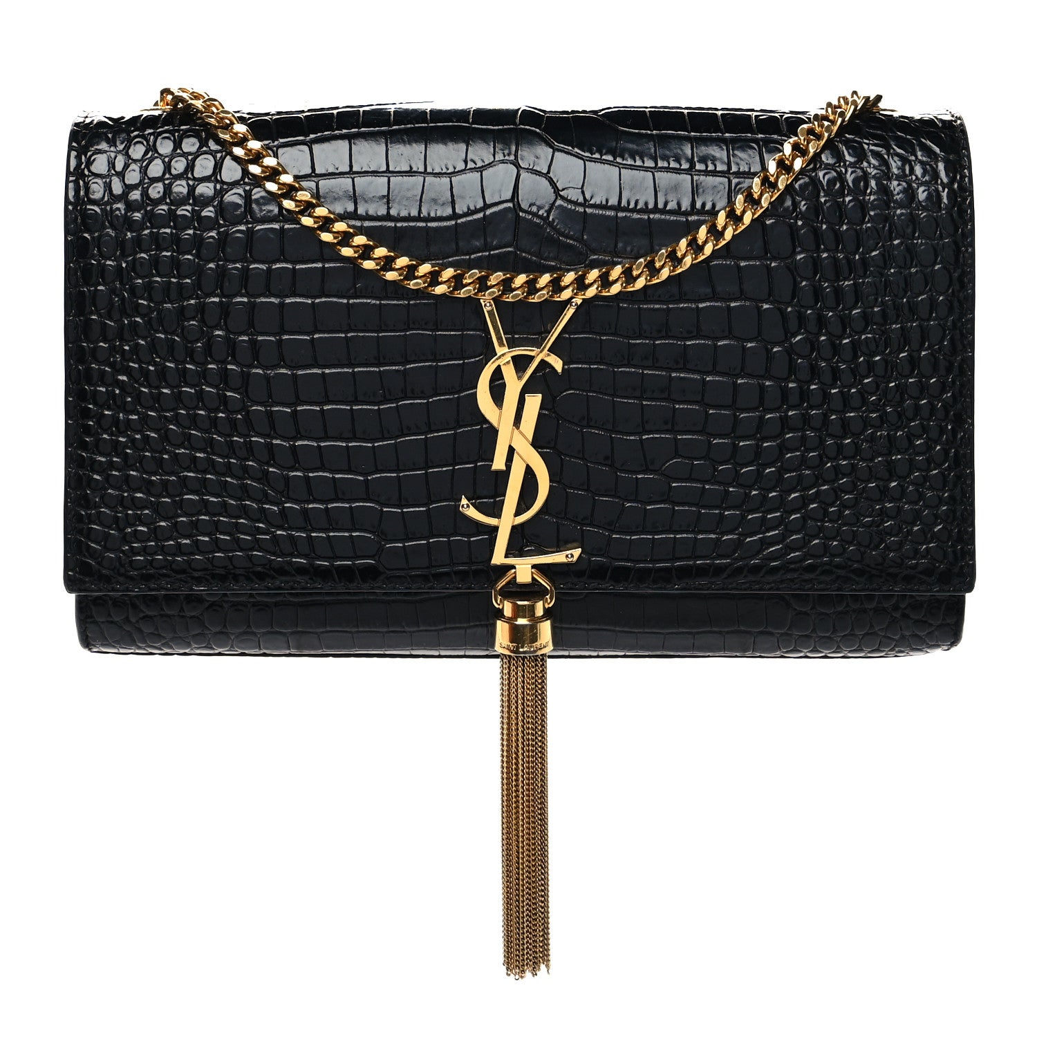 Saint Laurent Calfskin Crocodile Embossed Medium Classic Monogram Kate Tassel Satchel Black 1 of 10
