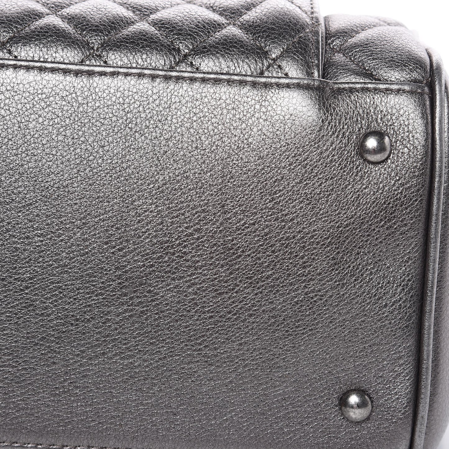 Metallic Grained Calfskin Quilted Large Casual Pocket Bowling Bag Silver