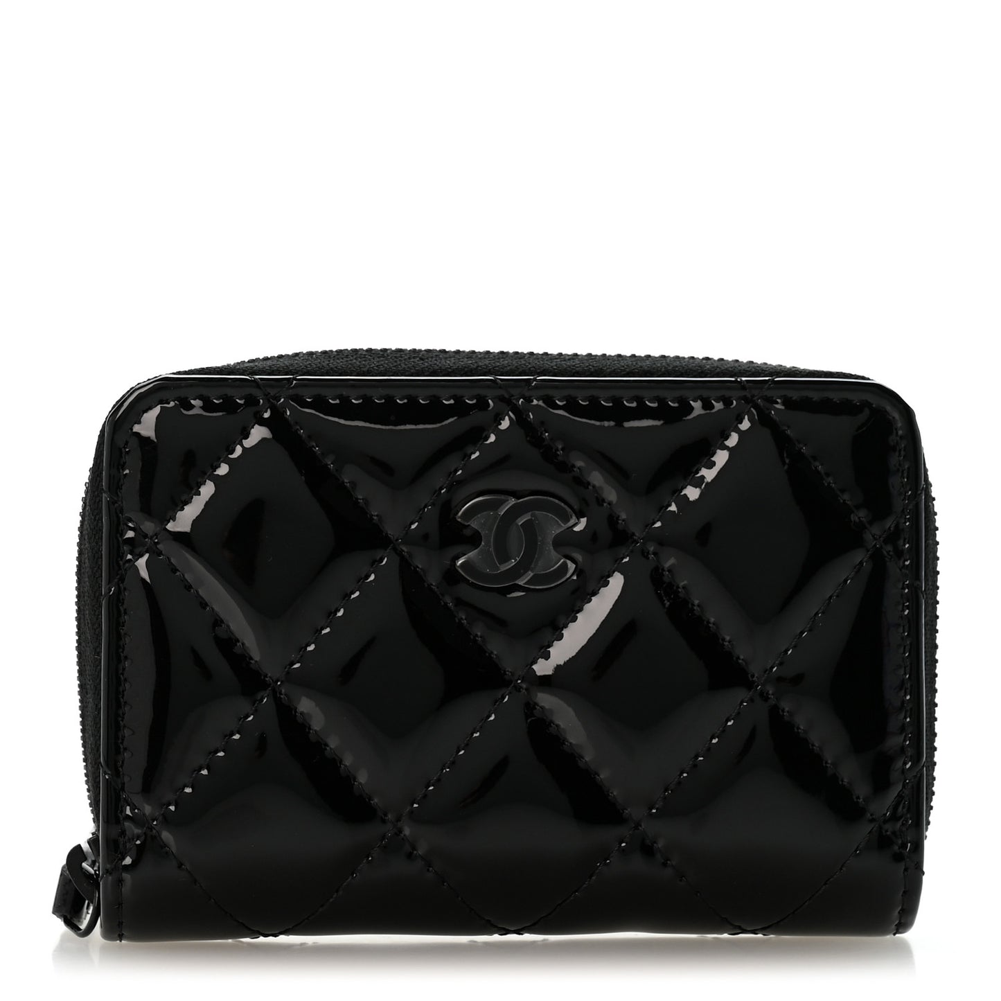 Patent Calfskin Quilted Zip Coin Purse Wallet So Black