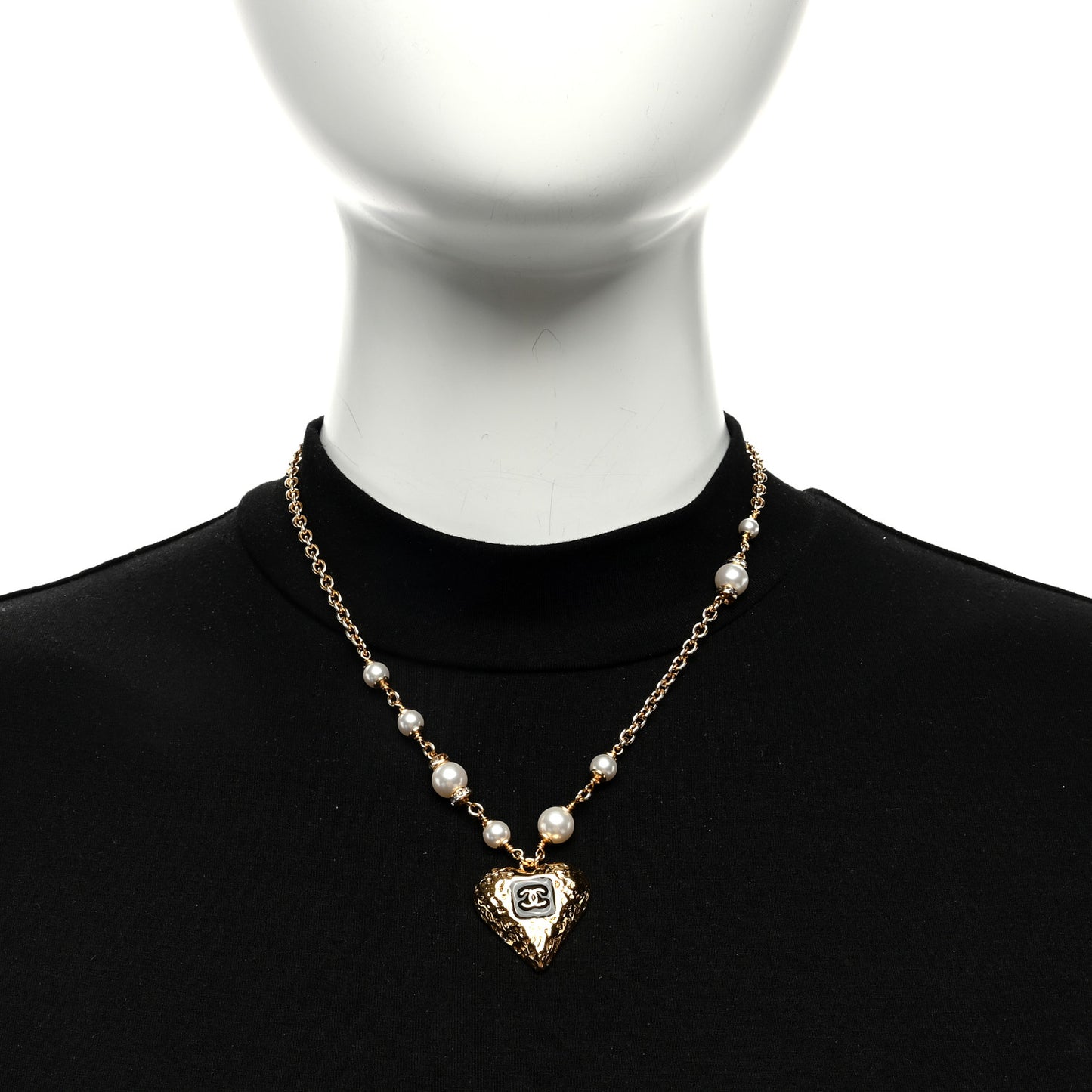 Pearl Beaded Resin Crystal CC Heart Necklace Black Gold
