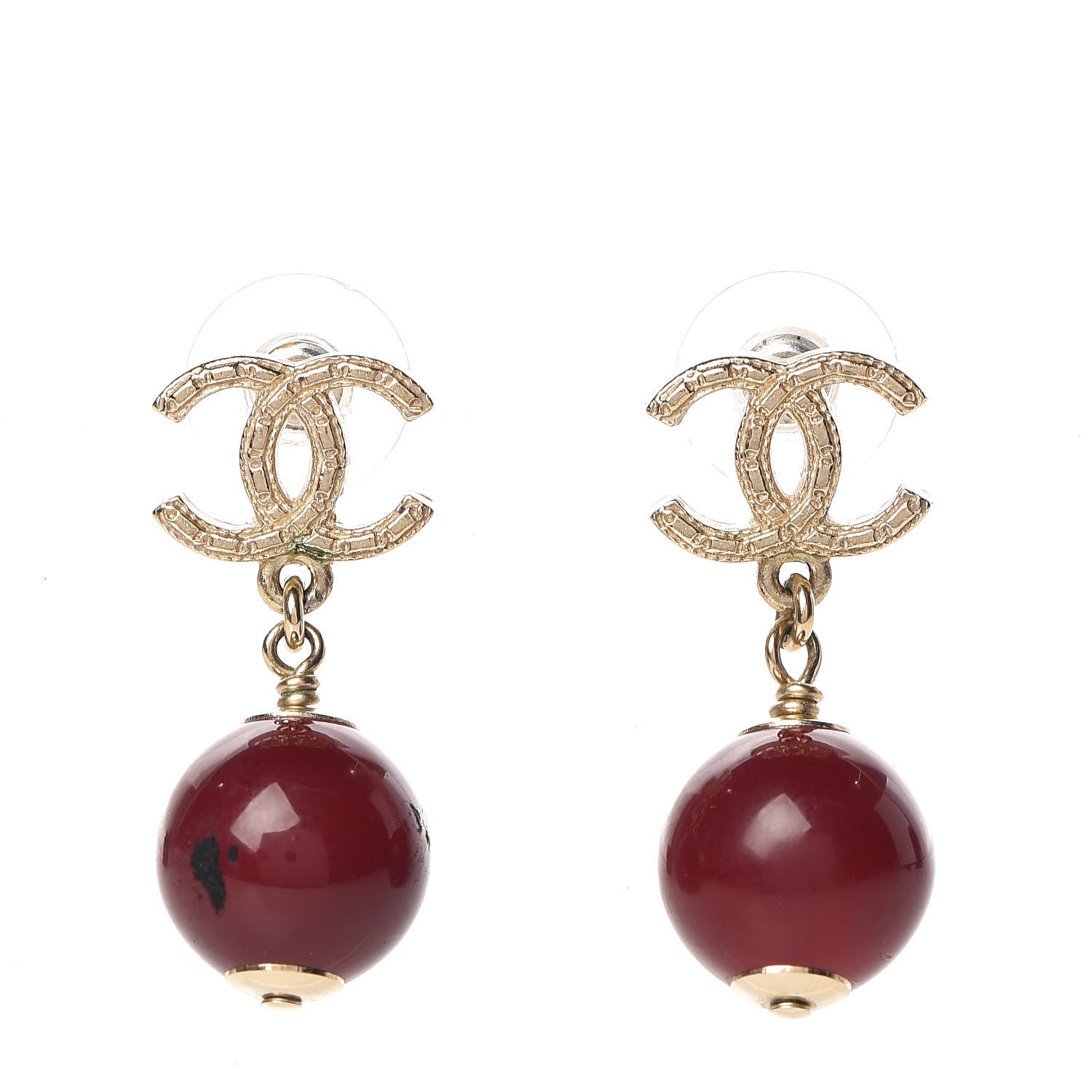 Chanel CC Bead Drop Earrings Gold Red 1 of 5