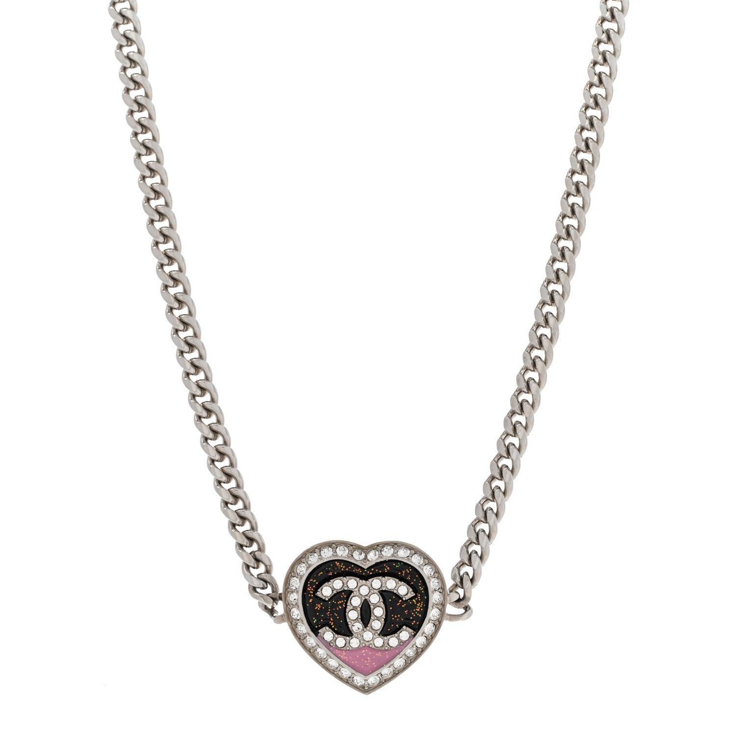Chanel Resin Crystal Glitter CC Heart Necklace Silver 1 of 7