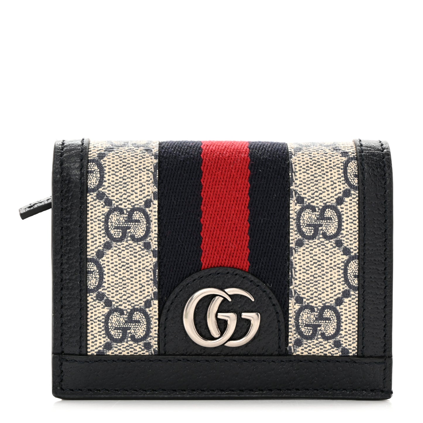 GG Supreme Monogram Textured Dollar Calfskin Web Ophidia Card Case Beige Blue