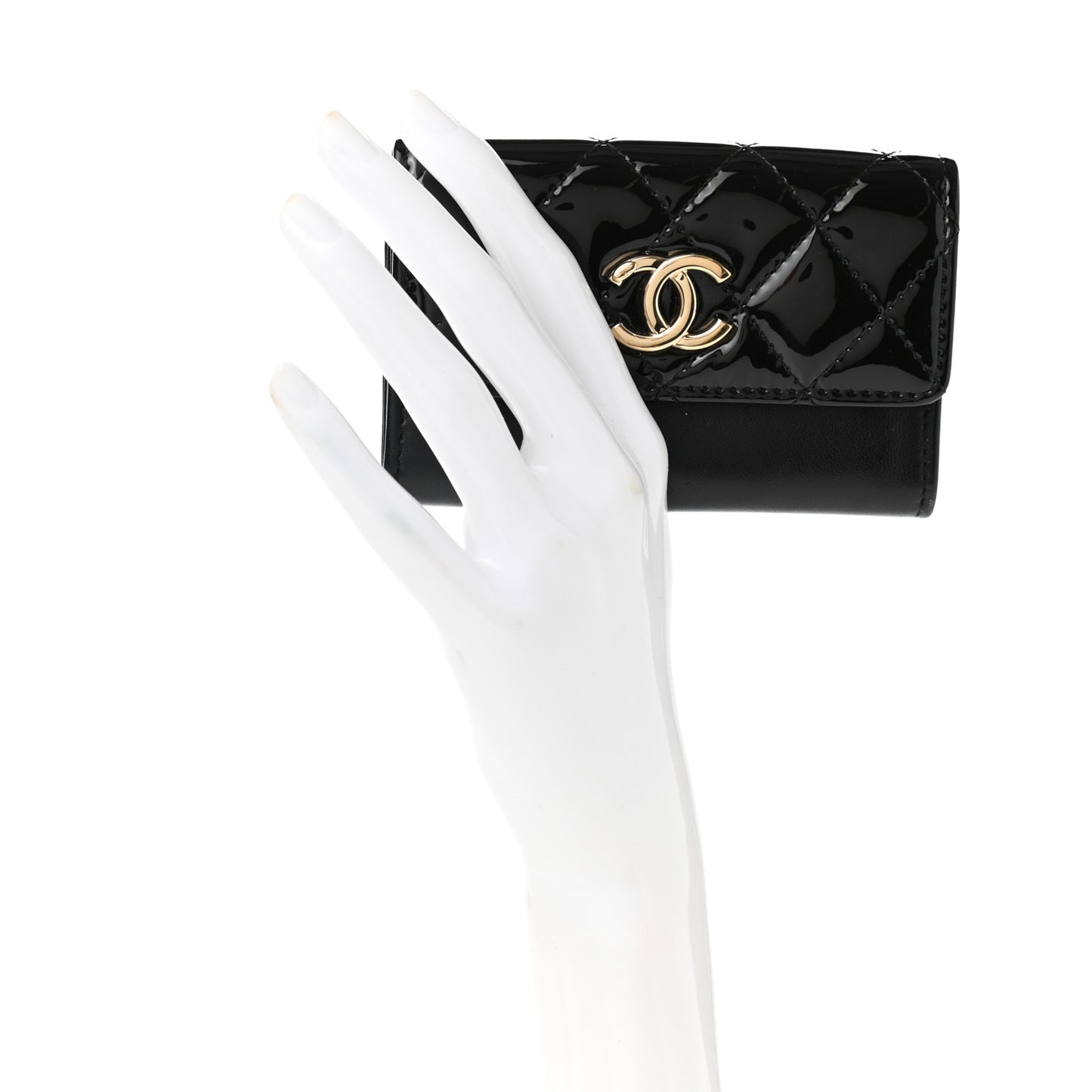 Patent Calfskin Quilted Flap Card Holder Black