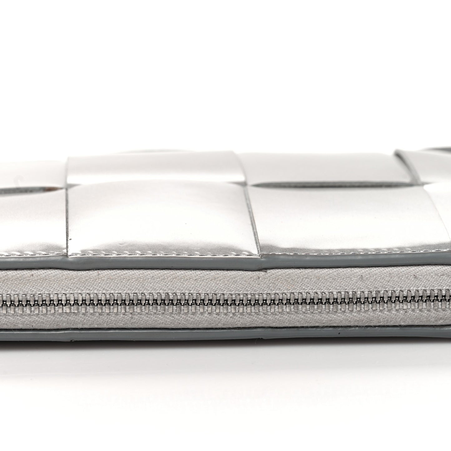 Metallic Patent Calfskin Maxi Intrecciato Zip Around Wallet Silver