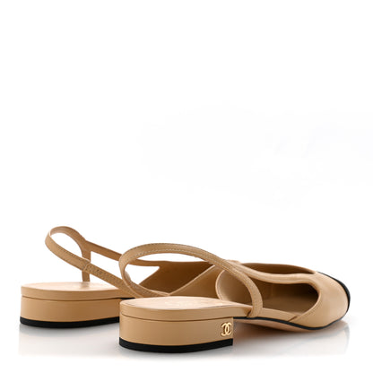 Chanel Goatskin Grosgrain Cap Toe CC Slingback Sandals 38.5 Beige Black 5 of 10
