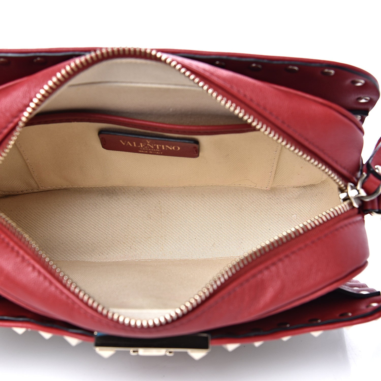 Valentino Garavani Calfskin Canvas Zig Zag Print Rockstud Flip Lock Camera Crossbody Bag Red Blue 4 of 11