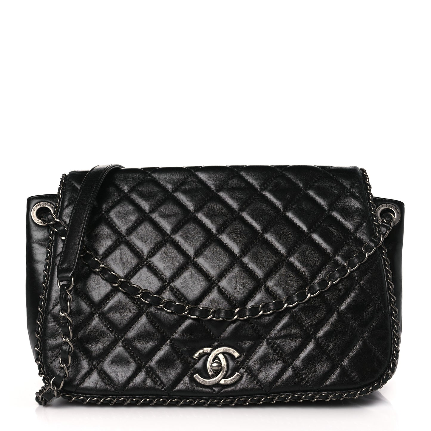 Glazed Calfskin Quilted Large CC Enchained Accordion Flap Black