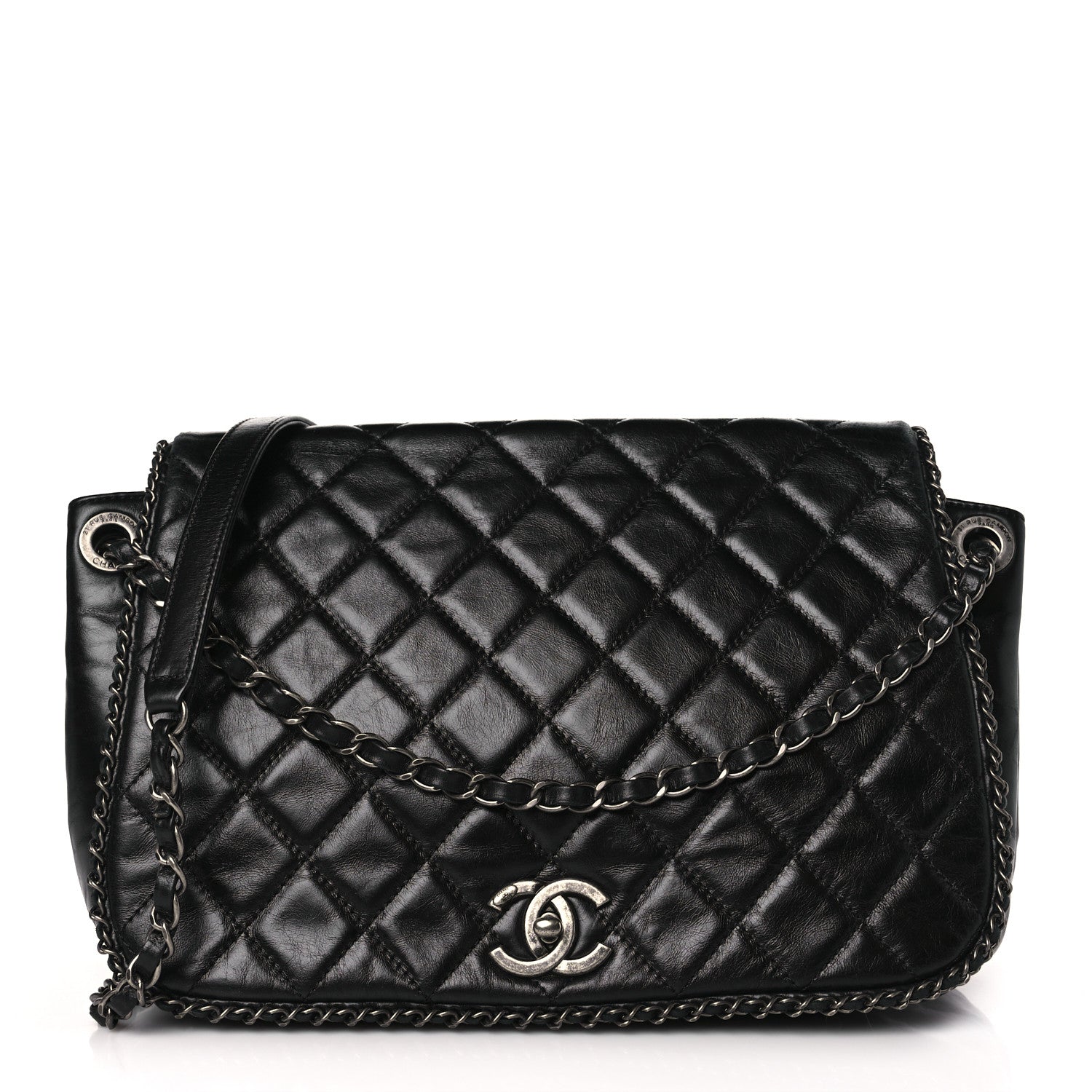 Chanel Glazed Calfskin Quilted Large CC Enchained Accordion Flap Black 1 of 9