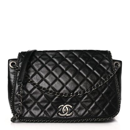 Chanel Glazed Calfskin Quilted Large CC Enchained Accordion Flap Black 1 of 9
