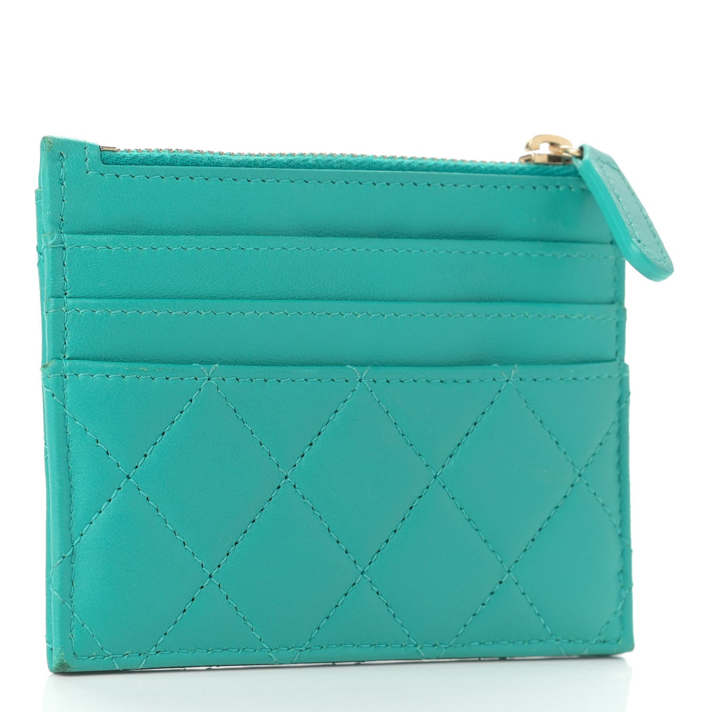 Lambskin Quilted Zip Card Holder Turquoise