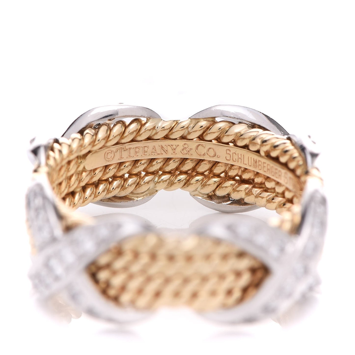 18K Yellow Gold Platinum Diamond Schlumberger Rope Four Row X Ring 57 8