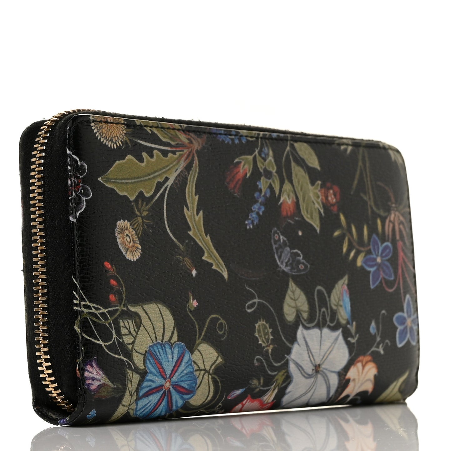 Shangai Calfskin Flora Knight Zip Around Wallet Black